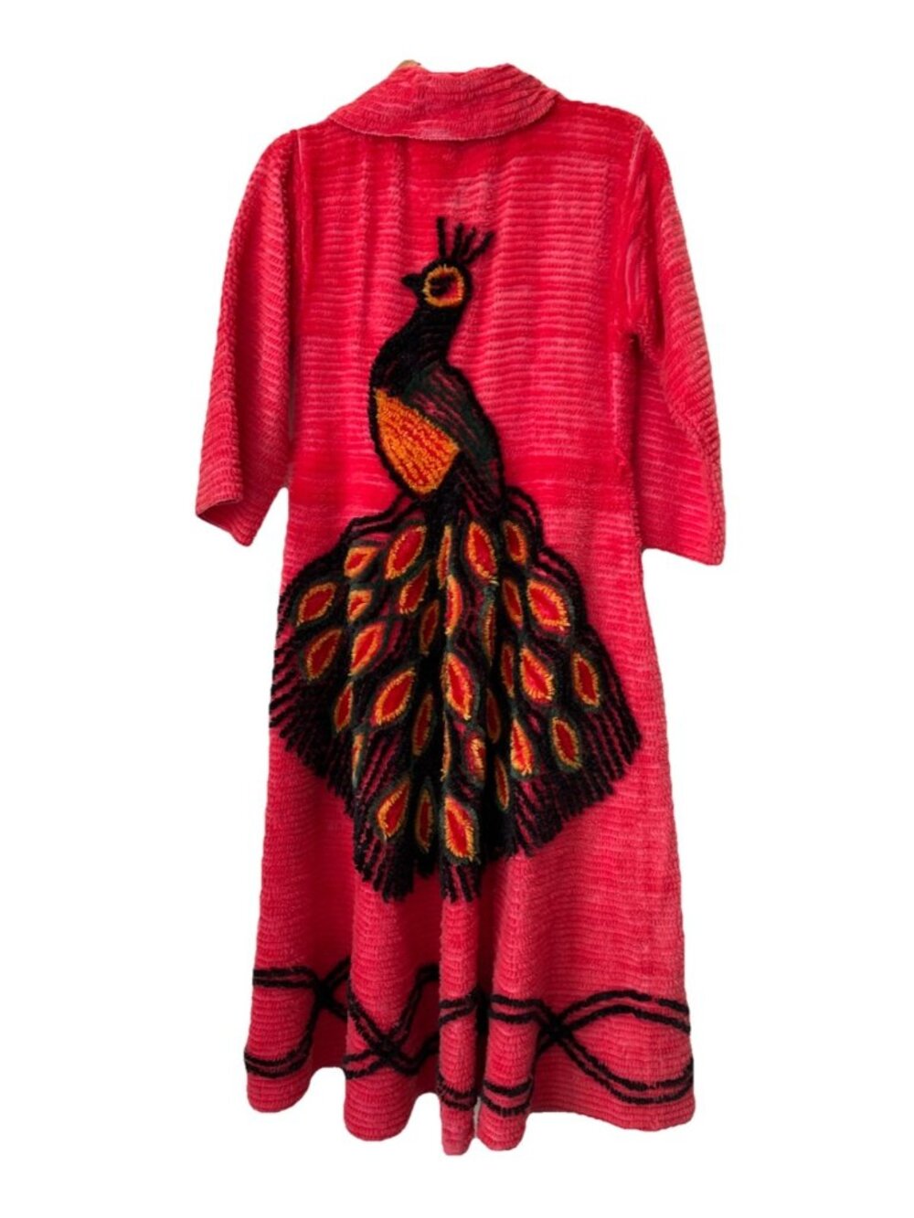 40s 50s chenille peacock robe NO BELT bright pink midcentury S/M RARE COLOR